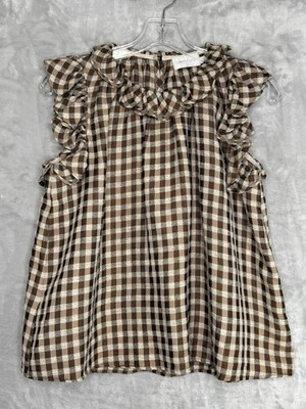 Christy Lynn Marfa Top Womens XS Brown Check Ruffle Sleeveless Gingham Mohair